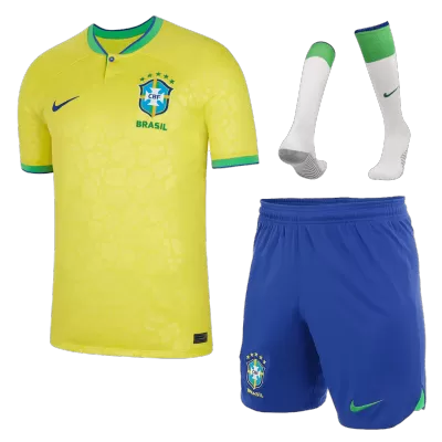 Men Brazil Home Soccer Jersey Whole Kit (Jersey+Shorts+Socks) 2022 - discountsoccer