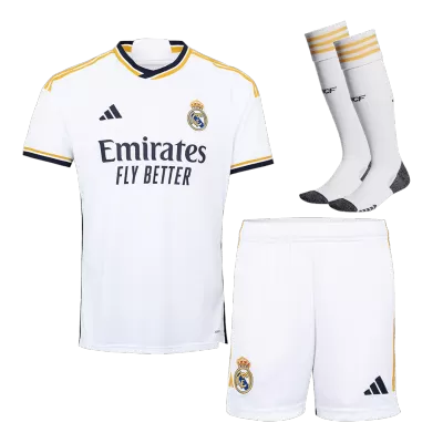 Men Real Madrid Home Soccer Jersey Whole Kit (Jersey+Shorts+Socks) 2023/24 - discountsoccer